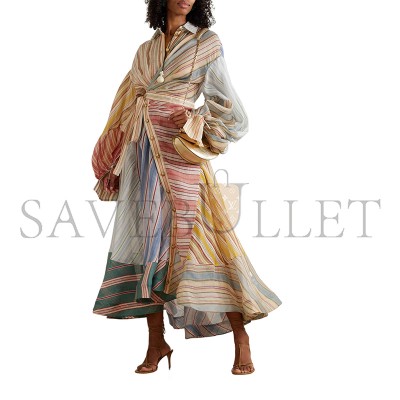 ZIMMERMANN REBELLION PATCHWORK STRIPED LINEN AND SILK-BLEND VOILE MIDI WRAP DRESS 46376663162996888